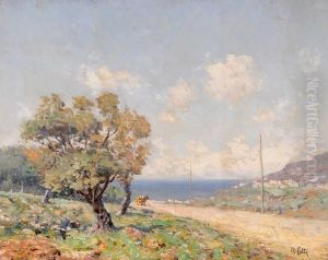 Paesaggio Di Campagna Con Carretto E Sfondo Di Marina by Michele Catti