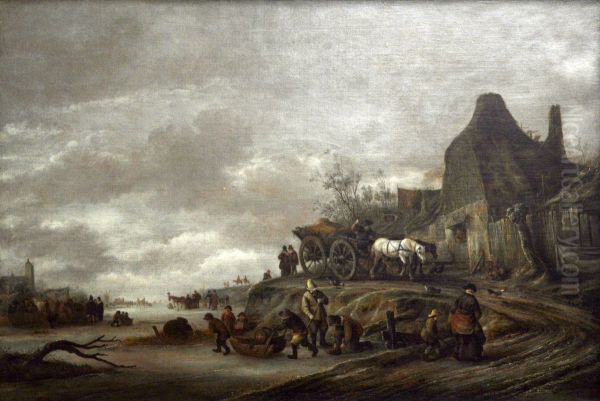 Cours d'eau gele avec, sur le cote, carriole descendant un chemin borde de maisons et de palissades en bois - view 1