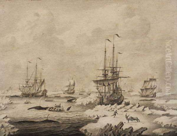Penschilderij in grijstonen, met walvisvaarders in bedrijf - view 1