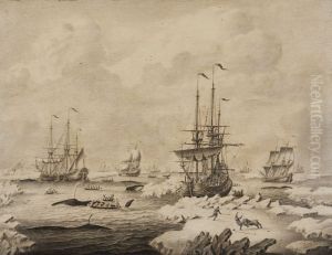Penschilderij in grijstonen, met walvisvaarders in bedrijf