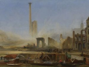 Gezicht op de Leuvehaven Wz na de brand bij de stoomsuikerraffinaderij van P.H. Tromp