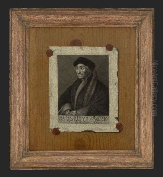 Portret van Desiderius Erasmus geschilderd als trompe-l'oeil papier verzegeld op plank - view 1