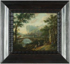 Arcadisch landschap met rivier, brug, boom, ruiter, huizen, schepen en heuvels