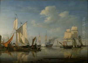 Zeegezicht met kalme zee met vele schepen. by Nicolaas Baur