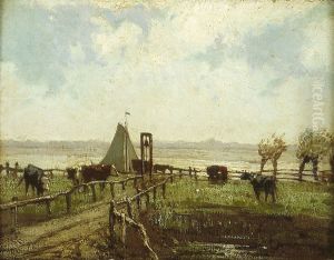 Rivierlandschap met meerplaats voor veer Rivierlandschap met meerplaats voor veer
