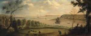 A Traveller Resting In The Grounds Of Broke Hall, Suffolk, With Shipping On The Estuaries Of The River Orwell And Stour, With Harwich Beyond by Charles, Catton Jnr.