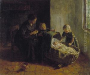 Vrouw met twee kinderen bij een wieg by Jacob Simon Hendrik Kever