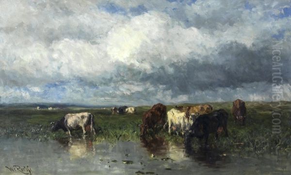Landscape with cows at the waterfront - view 1