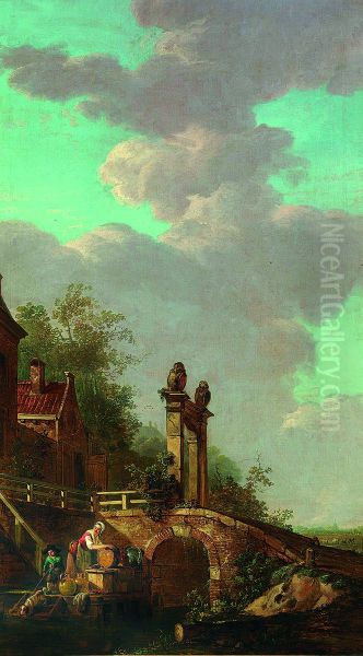 Zomerlandschap met een stenen poort op een brug en twee figuren bij het water - view 1