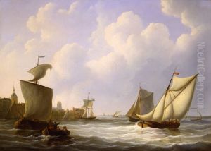 Riviergezicht bij Dordrecht met rechts op de voorgrond het beurtschip op Rotterdam