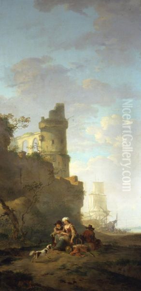 Italianiserend landschap met een ruine en op de achtergrond een driemaster - view 1