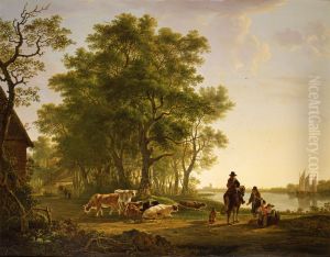 River landscape near Dordrecht, with a horseman and cattle by Jacob van Strij