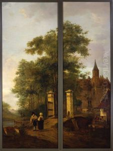 Landschap met toegangshek tot een kasteel