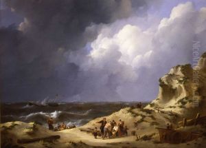 De ondergang van de driemaster 'Delphine' bij Zandvoort in 1822 en het bergen van de slachtoffers by Johannes Christiaan Schotel