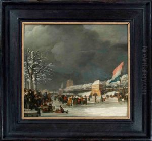 Gezicht op Westersingel te Leeuwarden, in de winter,hardrijderij v. vrouwen