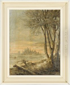 Winters landschap met op de achtergrond een stad Winters landschap met op de achtergrond een stad