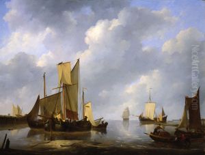 Voor anker liggende schepen bij kalm water