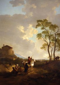 Italianiserend landschap met ruiter en enkele rustende reizigers en links op de achtergrond een gebouw by Jacob van Strij