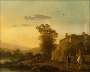 Landschap met ruiter in gesprek met man by Abraham Van Calraet