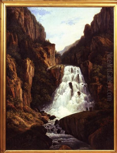 Berglandschap met waterval en enkele toeschouwers - view 1