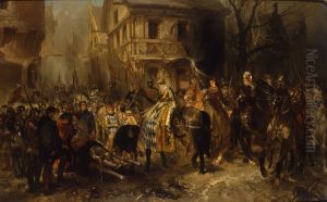 Jacoba van Beieren, het veroverde Gorkum binnentrekkende, ontmoet het lijk van Willem van Arkel Jacoba van Beieren, het veroverde Gorkum binnentrekkende, ontmoet het lijk van Willem van Arkel