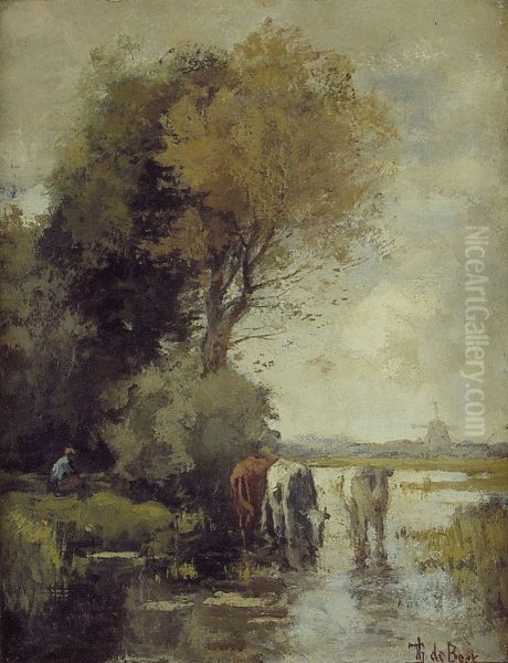Landschap met koeien wadend in water - view 1