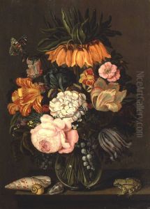Stilleven met bloemen, schelpen en kikker by Bartholomeus Assteyn