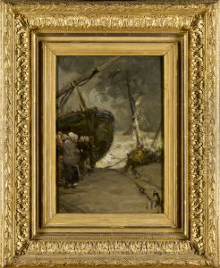 Bomschuit met figuren aan het strand