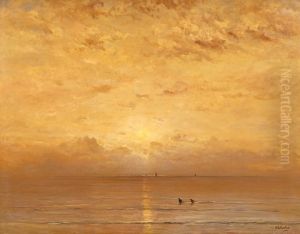 Zonsondergang met garnalenvissers by Hendrik Willem Mesdag