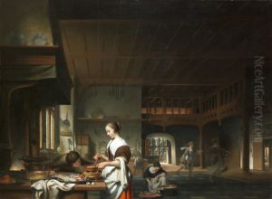 Kitchen interior with a woman cooking
