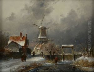 Bevroren sloot met schutsluis by Charles Henri Leickert