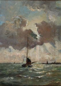 Schuit op de rivier de Merwede met gezicht op Dordrecht by Herman Gunneweg