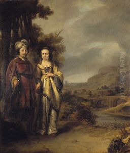 Portret van een echtpaar in een landschap by Ferdinand Bol