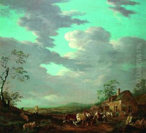 Landschap met figuren en vee bij een herberg Landschap met figuren en vee bij een herberg