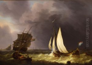 Zeilschepen op het water bij onstuimig weer by Martinus Schouman