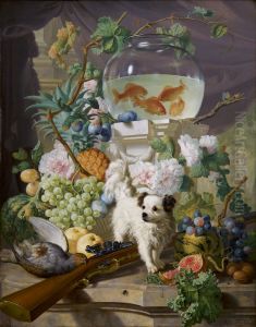 Stilleven van bloemen en vruchten met een hond by Abraham van Strij