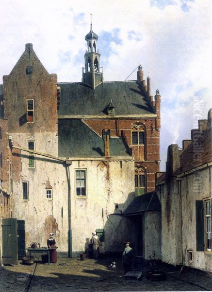 Gezicht in Culemborg, met blik op de westelijke gevel van het stadhuis, genomen in de Wagenweg voor 1860 - view 1
