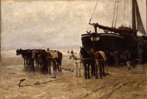 Fishing Boat with Tow Horses on Scheveningen Beach