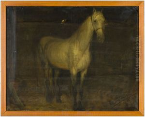 Staand wit paard op stal