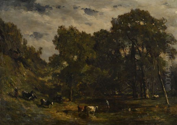 Boslandschap met vijver en boeren met vee - view 1