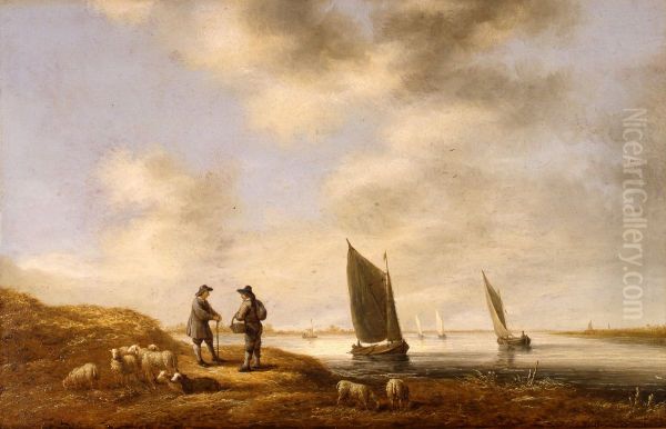 Rivierlandschap met mensen en schapen op de oever - view 1