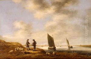 Rivierlandschap met mensen en schapen op de oever Rivierlandschap met mensen en schapen op de oever