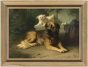 Grote St. Bernard hond liggende in een tuin