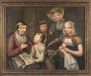 Portrait of een familie, volgens opgave van de eigenaar voorstellende v.l.n.r. Saapke Posthumus Goslings, waarschijnlijk de schilder zelf (met pet), de dochter Aafke (staande) en de dochter Saapkje (zittend)
