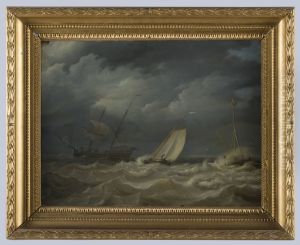 Stormachtige zee met schepen bij een haveningang