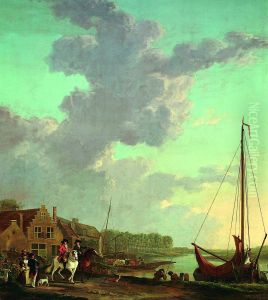 Rivierlandschap met een boeier en ruiters te paard op de voorgrond by Jacob van Strij