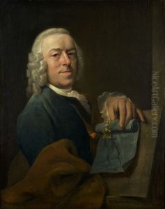 Zelfportret met in zijn hand het insigne van de Haagse societeit Pictura by Aert Schouman