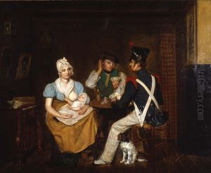Kamerinterieur met zogende moeder en twee mannen