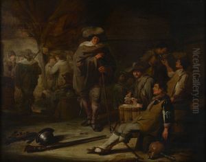 Interieur met drinkende soldaten bij kaartspel by Benjamin Gerritsz Cuyp