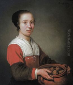 Young maid holding a cooking pot full of oliebollen Young maid holding a cooking pot full of oliebollen